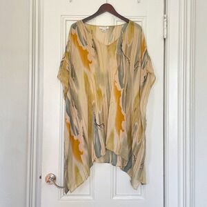 Citron Santa Monica 100% Silk Poncho Top Abstract Watercolor Print One Size OS